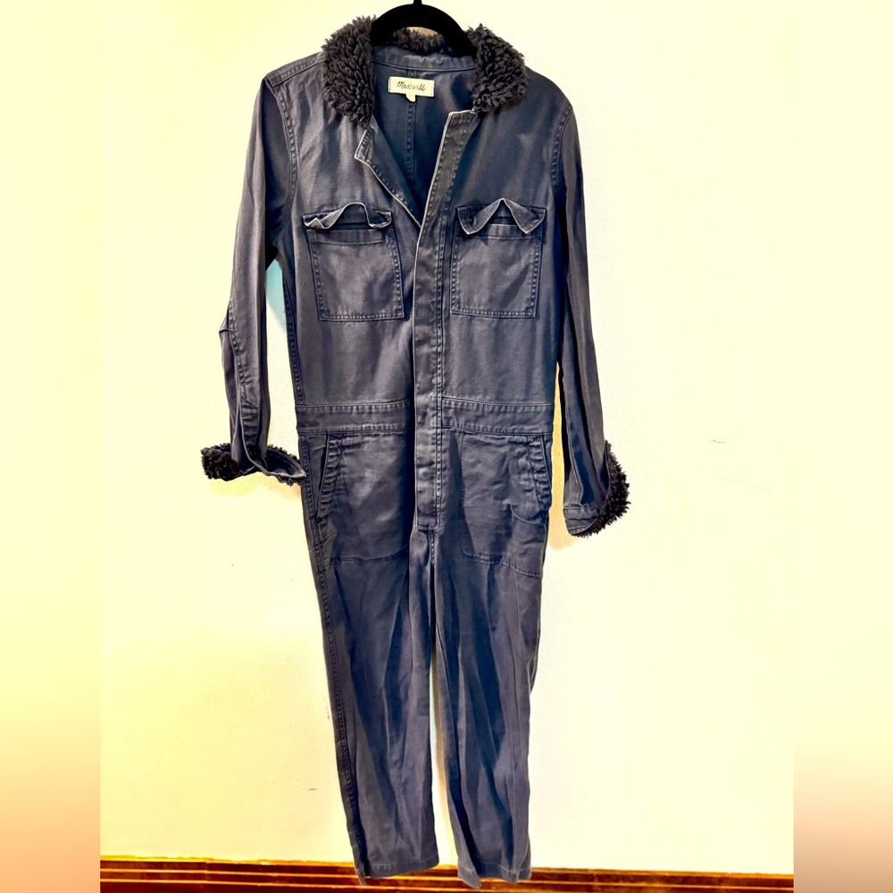 Madewell blue denim jumpsuit with fleece trim